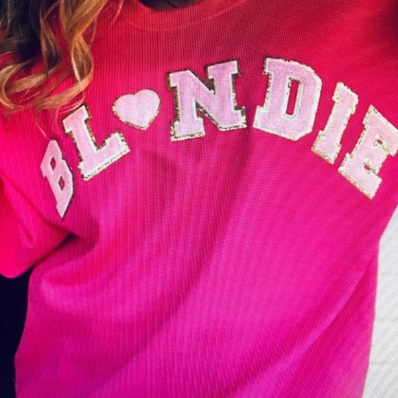 BLONDIE (Chenille letters) HOT Pink Sweatshirt - Picture 1 of 1